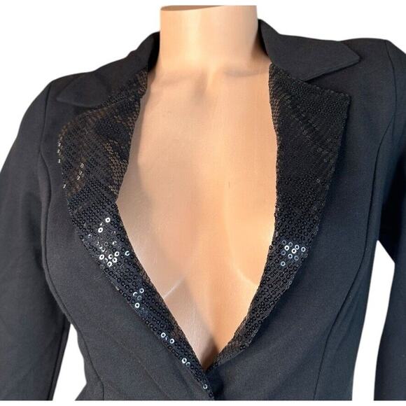 NEW No Boundaries Black Sequin Lapel Holiday Party Knit Blazer w/ Stretch S 3-5 - Picture 2 of 9